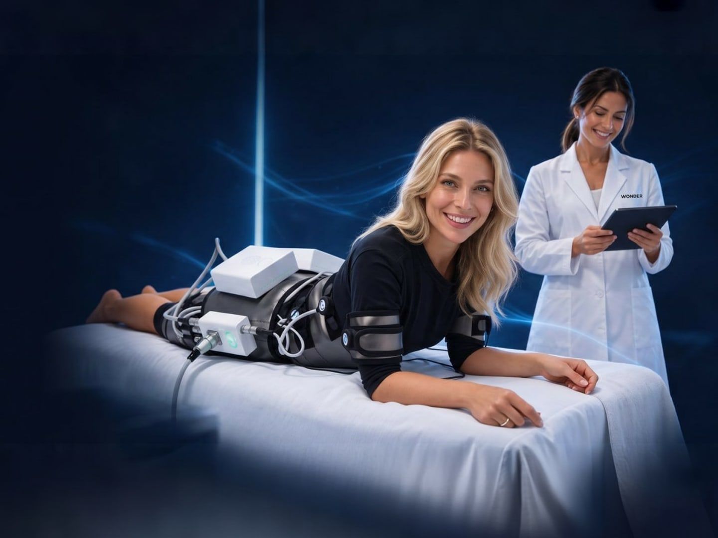 Client on a treatment bed with the Wonder Axon device and a specialist holding a tablet