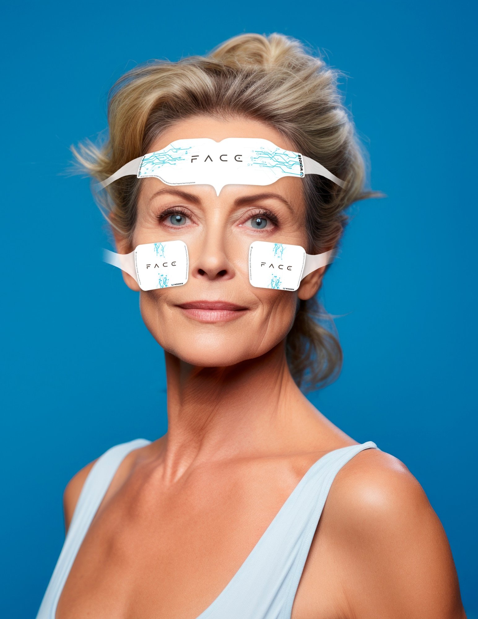 Woman using WonderFace, the facial toning device