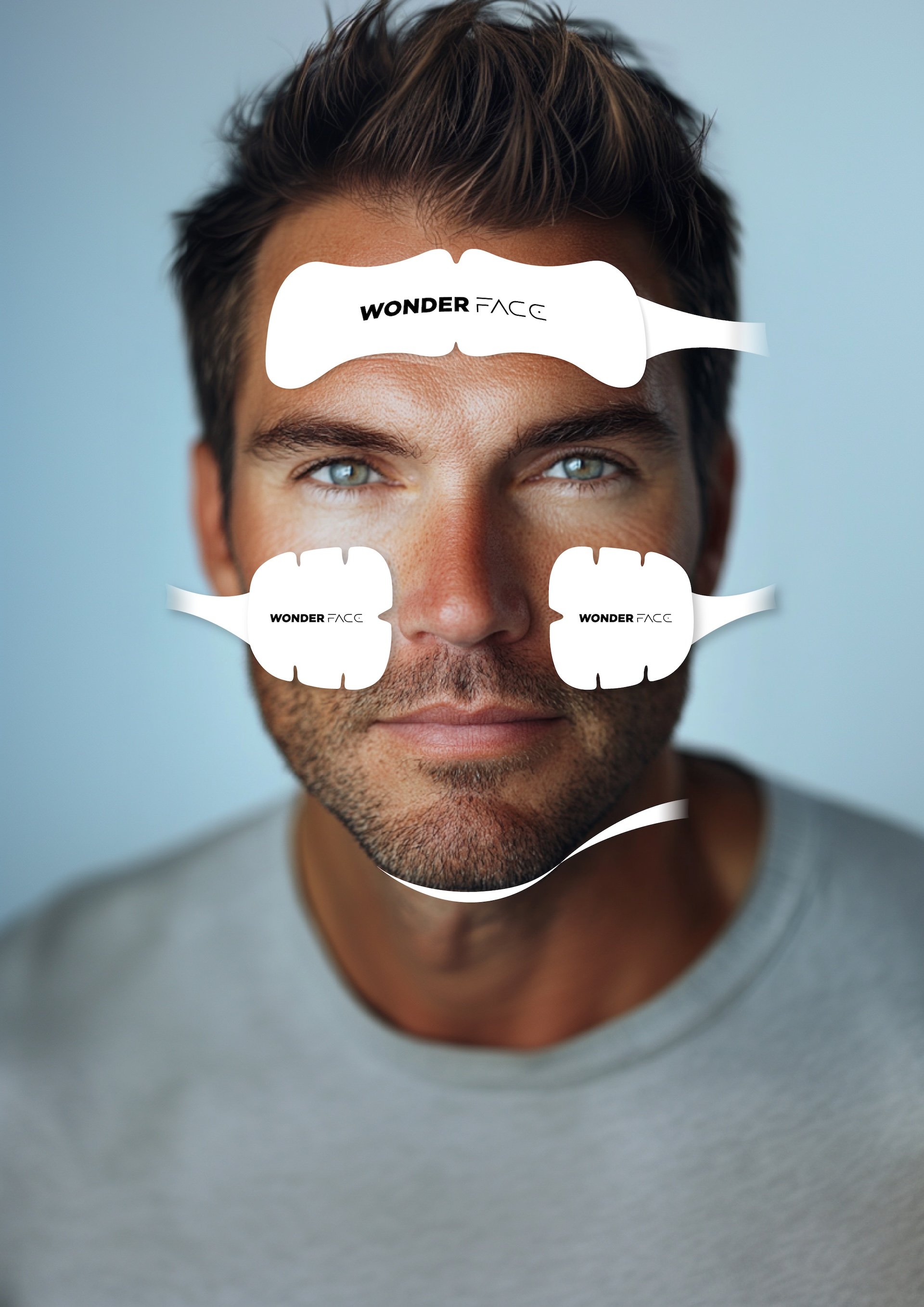 Hombre usando el aparato de tonificación facial Wonder Face