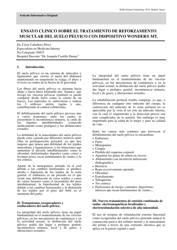 ENSAYO CLINICO SOBRE EL TRATAMIENTO DE REFORZAMIENTO
MUSCULAR DEL SUELO PELVICO CON DISPOSITIVO WONDER® MT.