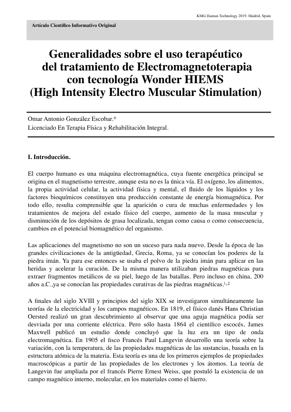 Generalidades sobre el uso terapéutico
del tratamiento de Electromagnetoterapia
con tecnología Wonder HIEMS