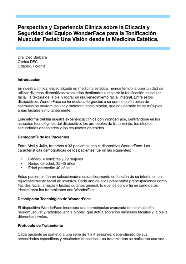 Perspectiva y Experiencia Clínica sobre la Eficacia y
Seguridad del Equipo WonderFace